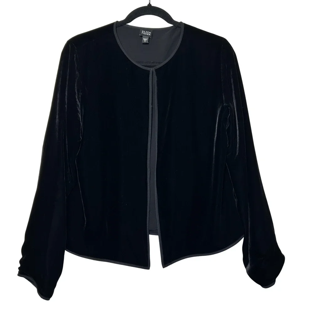 Eileen Fisher Black Velvet Silk Rayon Open Front Jacket‎ Blazer Medium